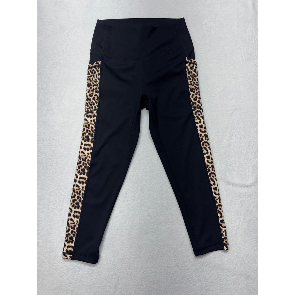 Zyia Active Black Leopard Print Side Pocket Leggings Cropped 7/8 Size 6-8
